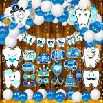 Zyozique I Got My First Tooth Decoration Kit / First Tooth Decoration Items For Baby Boy - Banner, Cardstock, Balloons With Photo Booth Props & Rice