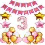 Fanex 3rd Rose Gold Number Foil Balloon & Pink Happy Birthday Banner & 30 Piece Pink,Golden & White latex balloons & 4 Star Foil Balloon For Birthday Decoration Items For Birthday Party (Set Of 36 Piece)