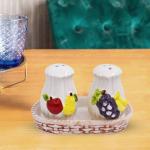 Kookee Ceramic Salt and Pepper Set with tray for Dining Table used as Shaker, Sprinkler, Spices Dispenser for Home, Kitchen and Restaurant, Fruits Design, White