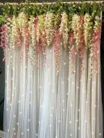 SPECIALYOU.IN White Net Sheer Curtains with Fairy LED Light, Pink and White Wisteria for Backdrop Decoration for Diwali, Pooja Room, Birthday, Home Decoration- 12 Items