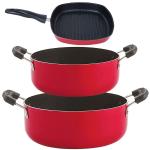 Nirlon 3 pcs of Red and Black Non-stick Aluminium Kitchen Cookware Set, Standard