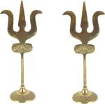 Real Craft Gold Brass Trishul, Trident Damru With Stand For Temple (Set Of 2)