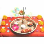 Malik Design Handpainted Decorative Steel with metal Aarti Pooja Thali with Diya Holder/Haldi Kumkum Box Holder Multicolor (9.5x4x12) inch