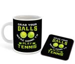 Whats Your Kick Grab Your Balls Were Going To Play Tennis Quotes Printed White Ceramic Coffee Mug With Coaster 325 ML