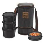 MILTON Flexi 3+1 Inner Stainless Steel Lunch Box with Jacket, Set of 4, (180 ml, 320 ml, 320 ml, 450 ml), Black | Microwaveable Steel | Leak Proof | Food Grade | Dishwasher Safe | Easy to Carry…