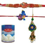 Yuvraj Rakhi Gift Rasgulla 1Kg With Couple Rakhi, Single Kid Rakhi Stainless Steel Gift Box , Roli chawal pack