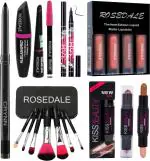 Chiwa Smudge Proof Essentials Makeup HD17 Rosedale Beauty Kajal & Kiss Beauty Concealer Highlighter Contour Stick & Yanqina 36H Deep Black Eyeliner & Rosedale 3in1 Eyeliner , Mascara , Eyebrow Pencil &Set of 7 Brush & Nude Edition Liquid Matte Lipstick