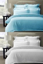 VORDVIGO Combo Pack of 2 Stripes 300 TC Double Bedsheets with 4 Pillow Covers | Super Soft Microfiber Stripes Bed Sheets for Double Bed | Premium Breathable Bedsheets for Bedroom Living Room, 90 x 90 Inches, Color- Sky Blue & White
