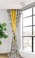 FINESSE DECOR GenuineGlobal Decor 2 Pieces Yellow Floral with 1 Piece Yellow Plain Window/Door/Room Curtains (9x4 feet) Yellow Floral with Yellow Plain Curtains (Free Dori), Room Darkening Curtains