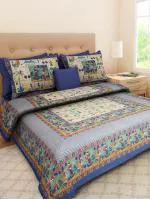 UniqChoice Blue Color 100% Cotton Jaipuri Traditonal Double BedSheet With 2 Pillow Cover