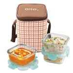 Allo FoodSafe 310ml x 3 Glass Lunch Box with Break Free Detachable Lock | 450 DegreeOven Safe Microwave Safe High Borosilicate | Office Tiffin with Cocoa Brown Bag | Set of 3 Square