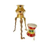 BRENZO Brass Metal Gold Tripai-Lota for Shivling Milk and Water Abhishek with 1 Musical Handmade Damru (13 x 13 x 21 cm)