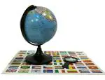 Globus Blue, Black Rotating World Globe with Magnifying Glass and 64 Countries Flag Stickers 4.25 inch