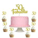 Festiko Cake Topper 50 And Fabulous, Double Sided Gold Glitter 50th Birthday Cake Topper