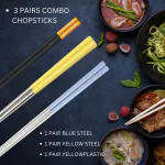 Hichaki 3 Pairs Metal Stainless Steel Chopsticks & Alloy Dot Yellow Chopstick - Reusable Chop Sticks for Noodles Sushi Hotpot Square Grip to Hold Food Perfectly Lightweight Korean Chinese