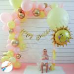 SpecialYou.in Sun Theme Happy Birthday Decoration Items for Kids with Smiley Sun Foil Balloon, Pink, Yellow, Chrome Gold Balloon, Gold Cursive HBD Banner with Balloon Pump for Theme Party, 1st Birthday, Kids Party Decor- Set of 52pcs
