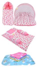 Kwitchy Combo of Baby Bedding | Bed with Net | Carry Bag | 4 Waterproof Sheets 4 Pcs Bedding Set (0-6 Months)