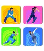Whats Your Kick Cricket Batsman And Wicket Keeper Printed Set of 4 Coaster With Beautiful Metal Stand