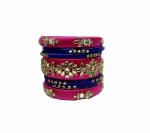 Aashirwad Traders Handmade Dark Pink and Blue Shine Silk Thread, Kundan and Plastic Pearl Bangles (Women) - 2.1 (set of 7)