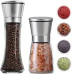 Baskety Premium Stainless Steel Glass Salt and Pepper Mill Grinder 7 Inch and 5 Inch Set of 2 Adjustable Ceramic Sea Salt Grinder Pepper Grinder