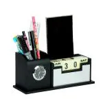 SHIVOM CRAFTS Pen Stand for Office Table, Desk Organizer with Wooden Calendar, Pen Stand, Mobile Holder for Home and Office Customized, Personalized Gift, Get Name Printed (Black)