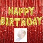 Festiko Happy Birthday Combo Decoration Item (Golden Happy Birthday Letter Foil Balloons, 3Ftx6Ft Red Foil Curtains With 100Psc Glue Dot Roll 1)For Birthdaydecoration, Birthday Supplier