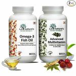 LA NATURE'S WE CARE YOUR HEALTH Omega 3 Fish Oil Capsules 1000mg Lemon Flavour and 4G Mutlivitamin Supplement with 45 ingredients Molecular Distilled for Men & Women Combo Pack - 120 Softgels