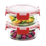 Cutting EDGE Borosilicate Glass Container with Lid Safe Lock Round Glass Food Container Microwave Safe for Kitchen (Red, 400ml, Set of 2) (CE_RGC_Set2_Red)