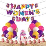 Festiko Happy Womens Day Decoration Pack Of 37 Pcs, International Womens Day, Decoration Combo, Womens Day Theme Decoration With Banner, Cake Topper, Cup Cake Topper Multicolor Balloons