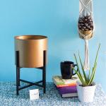 ecofynd Centuria Mid Century Metal Plant Pot With Metal Stand (Pot: Gold, Stand: Black)