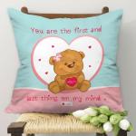 Indigifts Indibni Valentines Day Gift First & Last Thing On My Mind Quote Cute Teddy Bear Inside a Heart Blue Cushion Cover 16x16 inch - Gift for Boyfriend, Girlfriend, Birthday, Wife, Husband, Anniversary