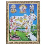 BM TRADERS Gomatha with All Hindu Gods Silver Zari Art Work Photo in Copper Gold Frame Big (14 x 18 inch)