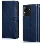 Fastship Leather Finish Inside TPU Wallet Stand Magnetic Closure Flip Cover for POCO C65 - Navy Blue