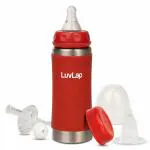 Luv Lap 4 in 1 Steel Baby Sipper, Made of SS304 Rust Free Steel, Heat Protective Silicone Cover, BPA Free, Odour Free, Spout, Weighted Straw & Cap, Red, 3M+, 240m