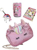 SAMVARDHAN Unicorn (Combo of 4 Items) 1 Girl's Sling Bag (Multicolour), 1 key ring, 1 diary with pen, 1 wet wipe tin