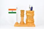 MUNMUN'S Wooden Jaali Pen Holder with Ashoka and Indian Flag