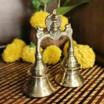 PUJACRAFT Brass Double Bell with Shiva, Yellow 12 x 13 cm
