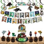 Festiko 32 Pcs Minecraft Birthday Party Decorations, Minecraft Theme Decoration For Kids Boys Adults Party Supplies Combo Banner, Swirls, Cake Topper, Cup Cake Toppers