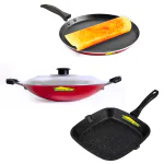 Home Pro Black and Red Aluminium Grill Pan, Dosa Tawa and Appam Chhaty (Pack of 3)