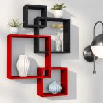 SATTVA Wall Mounted Square Shape Wooden Wall Shelves For Wall Decor Set of 4 (Red And Black)