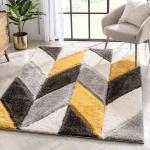 Hitex Carpet Microfibre Zig Zag Yellow, Silver Living Room Anti-Slip Area Rug - 3 X 5