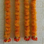 Playful Stitches wall /Door Hanging | Decorative items for home | Home entrance decor items | Door hanging items | Temple Decoration - (Marigold with Pom Pom and Bell - 4 Feet, 4 Strings)
