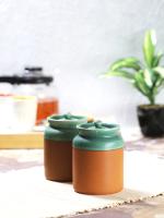 VarEesha's Green Brown Ceramic Pickle/ Chutney Jars/ Martban Set of Two