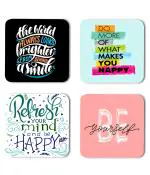 Whats Your Kick Refresh Your Mind And Be Happy Quotes Printed Set of 4 Coaster With Metal Stand