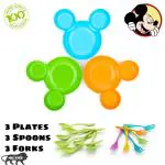 BHOJAL Plastic Mickey Shaped Kids Plates,Food Plates (3 Pcs) + 3 Spoon + 3 Forks (Multicolor)