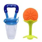 Manan Shopee Kids Orange, Blue Silicone Teether With Baby Fruit Nibbler Pacifier (Pack Of 2)