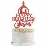 Festiko Red Glittery Happy Birthday Jesus Cake Topper, Christmas Cake Decoration