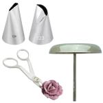 Husaini Mart Stainless Steel Multicolor Cake Flower Nail Lifters With Nozzle Set 1 Stand 2 Icing Piping 123 And 124 Scissor (Pack Of 4)