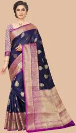 MIXCART Saree Beautiful Art Silk Jacquard Border Saree for Women With Blouce, NAVY BLUE