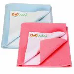 OYO BABY Medium Dry Sheet Combo for Baby| 100% Waterproof Bed Pad | Baby Bed Protector Sheet for Toddler Children 100x70cm Blue + Salmon Rose